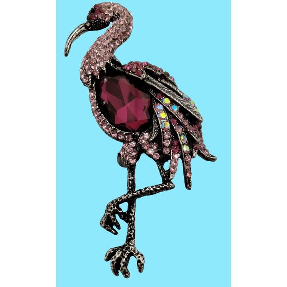 Pink Flamingo Rhinestone Brooch Statement Pin Large Tropical Beachy Tiki - Picture 3 of 3